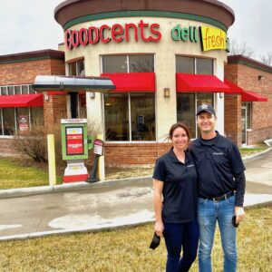 Lindsay and Jake Campbell  in front of their Goodcents franchise