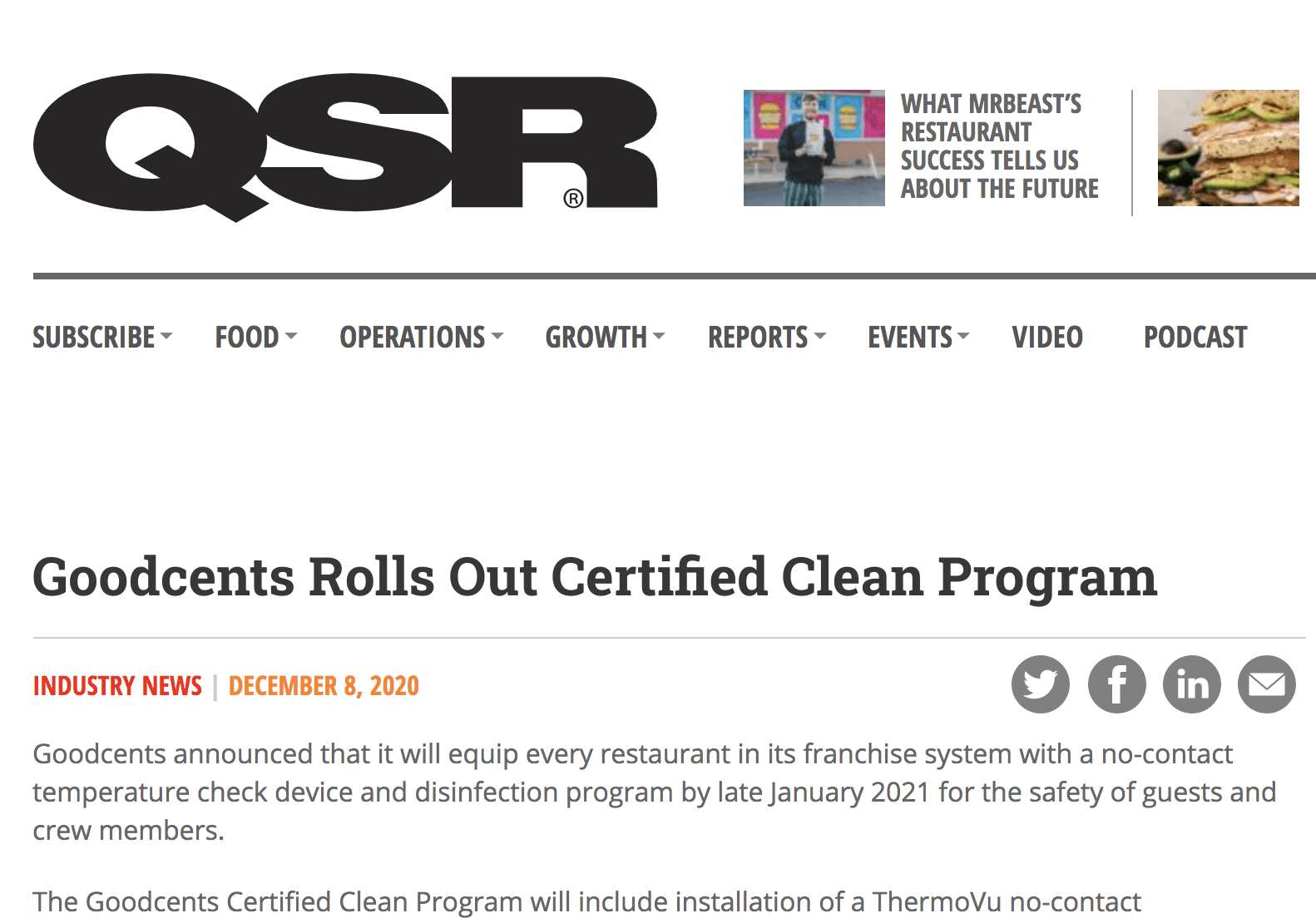 Goodcents Certified Clean Program Featured in QSR Magazine!