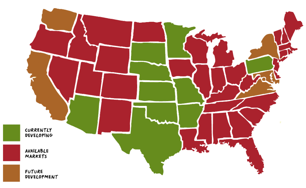 Map of US showing territories showing developing markets in Minnesota, South Dakota, Nebraska, Oklahoma, Wyoming, Kansas, Texas, Arizona. Available markets in all other states except for Washington, California, Virginia, and New York which are labeled as future development